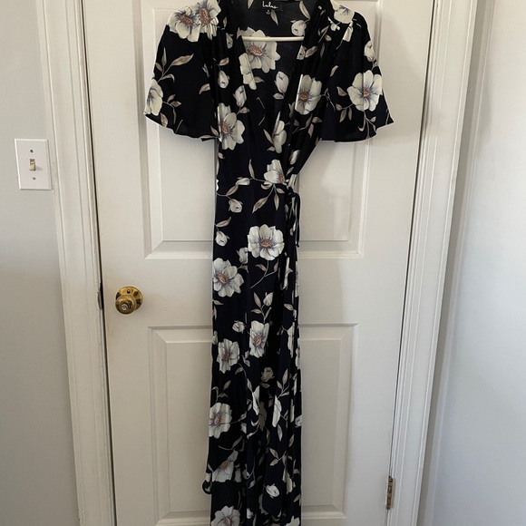 Lulus Lake Como Navy Blue Floral Wrap Dress - Picture 3 of 5